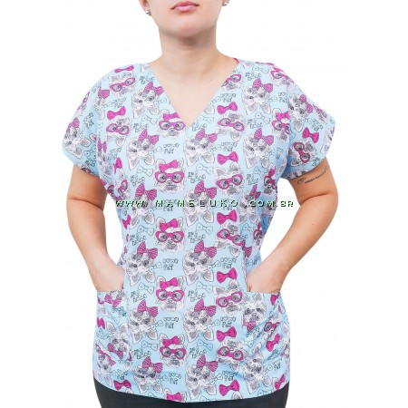 Blusa Scrubs Modelo Bata Hospitalar Estampa Cachorrinho com Laço - Verde Medicina 