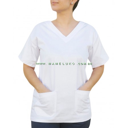 Blusa Profissional Brim Com 2 Bolsos Estilo Scrubs - Branca 