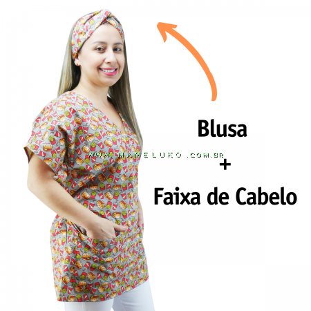 Blusa Bata Longa Mameluko para Cozinha Brigadeiros e Cupcakes - Rosa Claro + Faixa de cabelo (4)