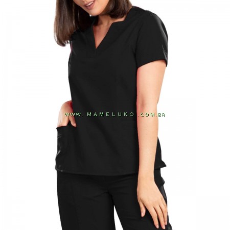 Scrubs Blusa Decote V Manga Curta em Gabardine - Preta