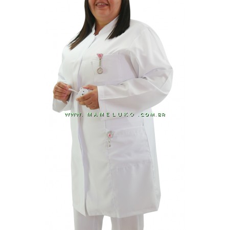 Jaleco Feminino Gabardine Gola Padre PLUS SIZE - Branco