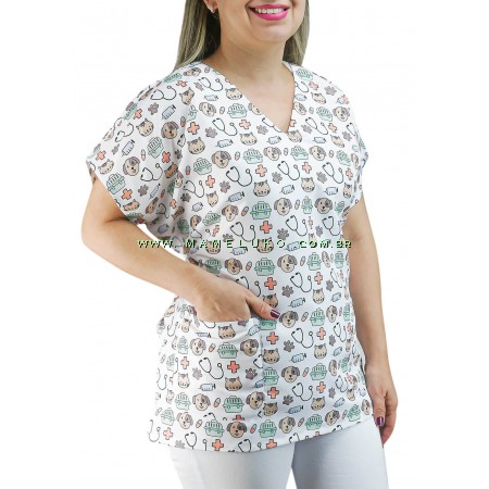 Scrubs Camiseta Mameluko Bata Hospitalar Estampa Clinica Amor pela Veterinária - Branca 