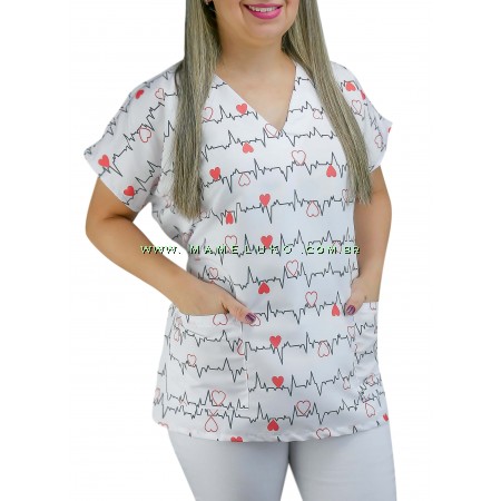 Scrubs Camiseta Mameluko Bata Hospitalar Estampa Clinica Ritmo Cardíaco - Branco