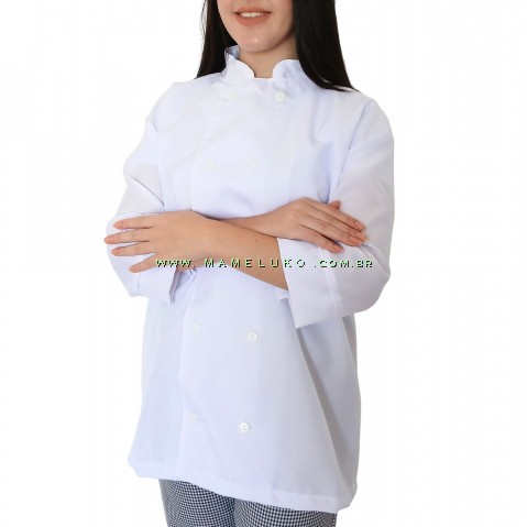 Dólmã Jaleco Chef de Cozinha em OXFORD Unissex Manga 3/4 - Branco com Botões Brancos