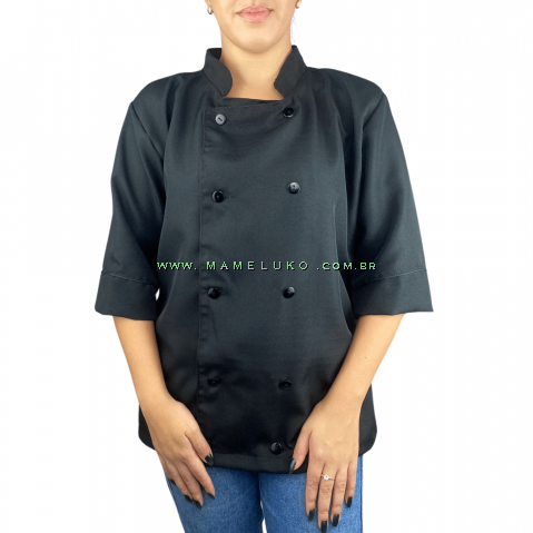 Dólmã Jaleco Chef de Cozinha em OXFORD Unissex Manga 3/4 - Inteiro Preto 