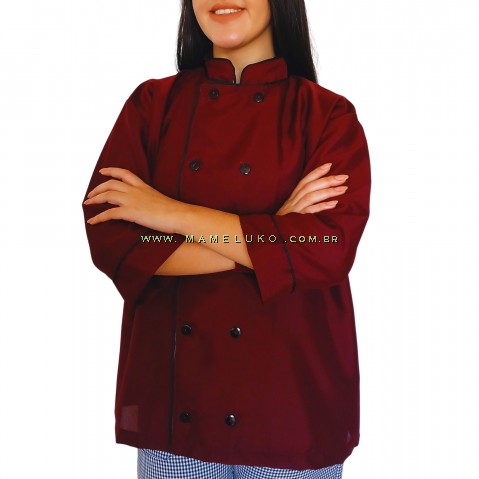 Dólmã Jaleco Chef de Cozinha em OXFORD Unissex Manga 3/4 - Vermelho Bordô com Botões Pretos 