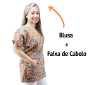 Blusa Bata Longa Mameluko para Cozinha Estampa Fast Food + Faixa de cabelo