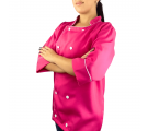 Dólmã Jaleco Chef de Cozinha em OXFORD Unissex Manga 3/4 - Rosa Pink com Botões Brancos