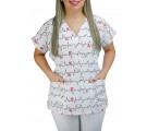 Scrubs Camiseta Mameluko Bata Hospitalar Estampa Clinica Ritmo Cardíaco - Branco