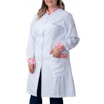 Jaleco Feminino Gola Padre com Estampa - Branco com Flores Rosa Jaleco Feminino Gola Padre com Estampa - Branco com Flores Rosa
