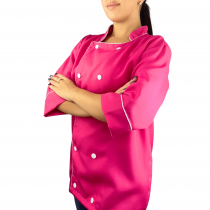 Dólmã Jaleco Chef de Cozinha em OXFORD Unissex Manga 3/4 - Rosa Pink com Botões Brancos 